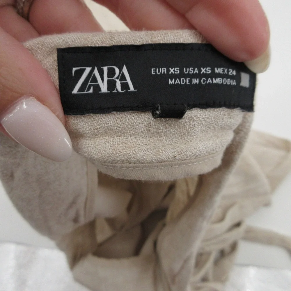 Zara XS Beige Linen Blend High Waist Wide Leg Wrap Tie Trousers Pants Boho